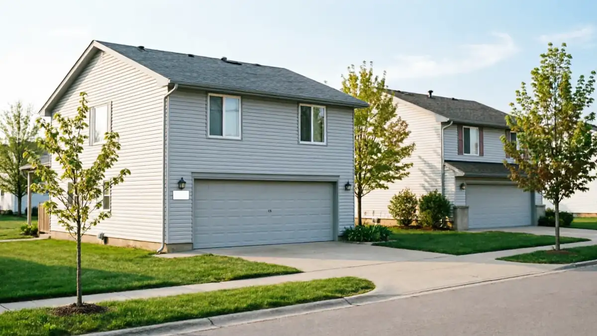 Two houses with gray garage doors and light blue siding stand on a street.