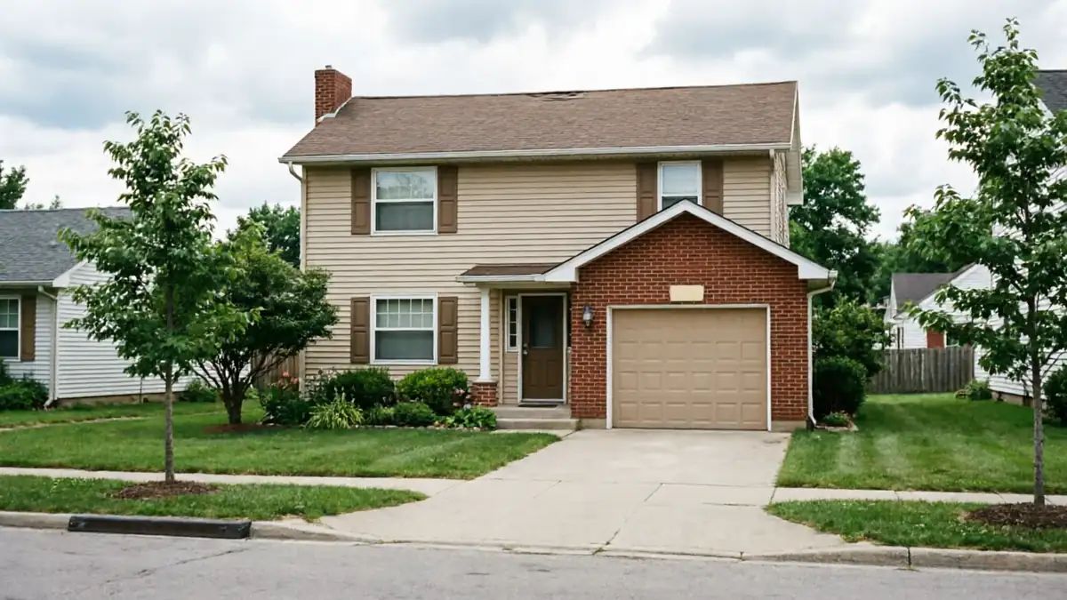 A two-story house with tan siding and a tan garage door.