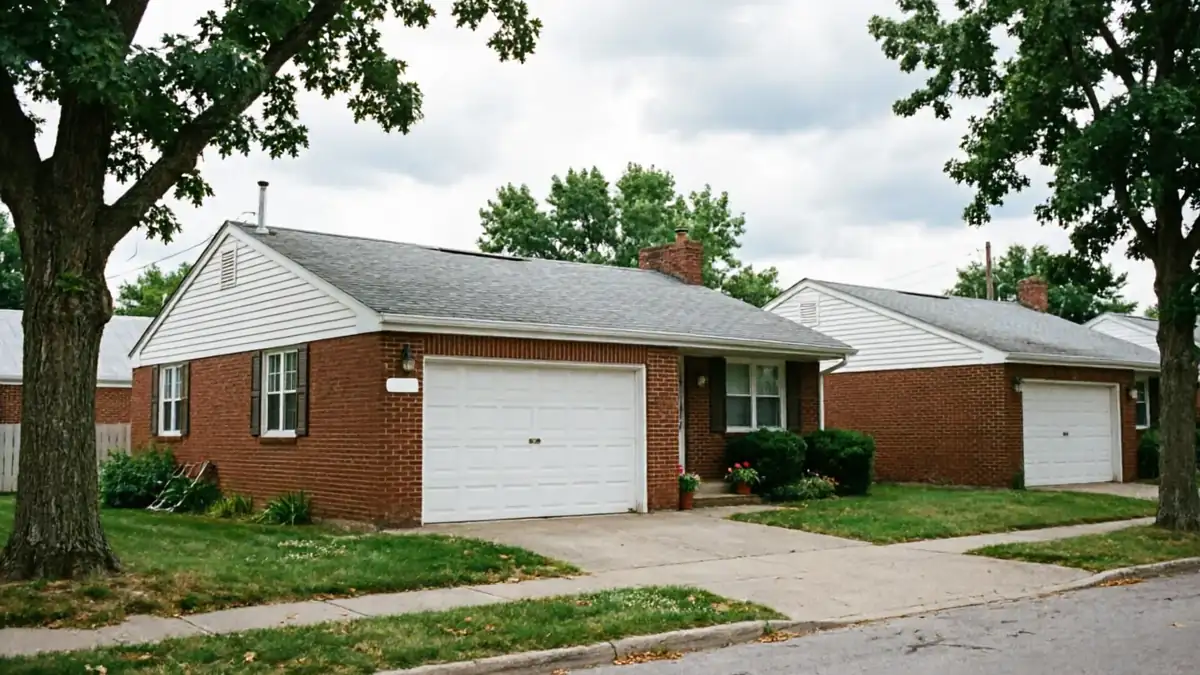 A row of brick houses with white garage doors and green lawns.