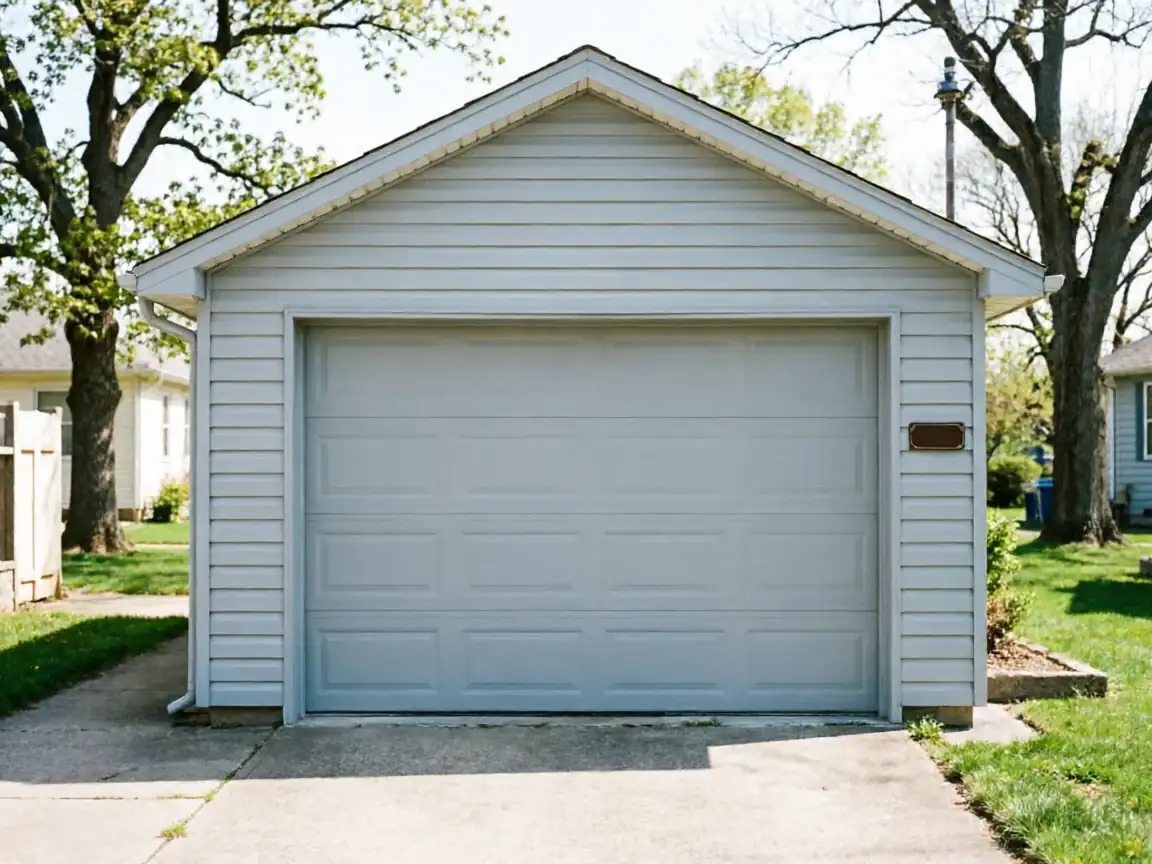 A light gray garage with a paneled garage door and light gray siding.