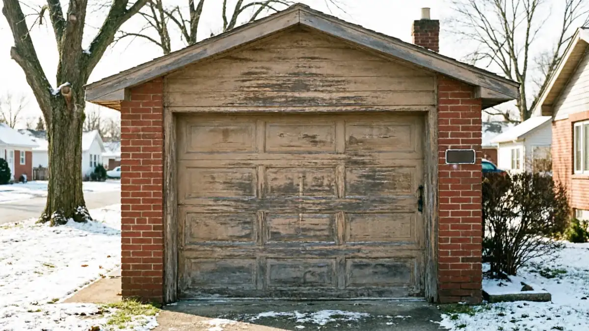A weathered wooden garage door with peeling paint on a brick garage in winter.