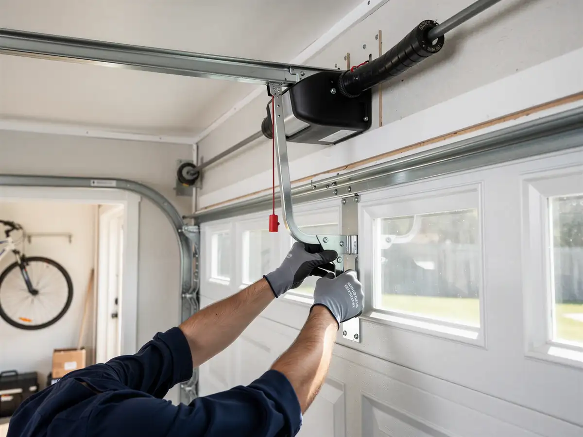 A technician's gloved hands are adjusting a garage door hinge and roller.
