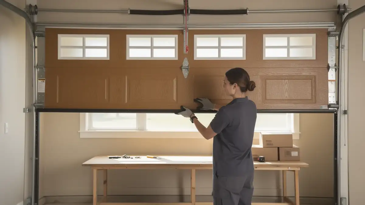 A technician in gloves is installing a brown garage door with windows.