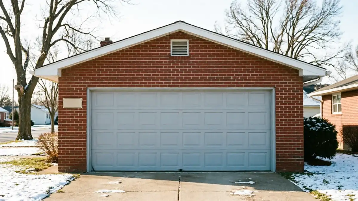 A red brick garage with a white paneled garage door and a snowy driveway.